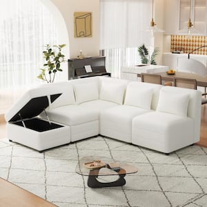 77.9 in. Free-Combined Chenille Sectional Sofa in. Cream with Storage Ottoman and 5-Pillows