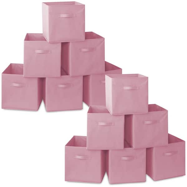 Pink 13 in. x 13 in. Fabric Collapsible Cubes Decorative Basket Storage Bins-Set of 12
