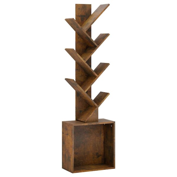 52.4 in. Tall Tree-Shaped Wood Bookshelf with Storage Cabinet, 7-Tier Freestanding Bookcase in Amber Pine