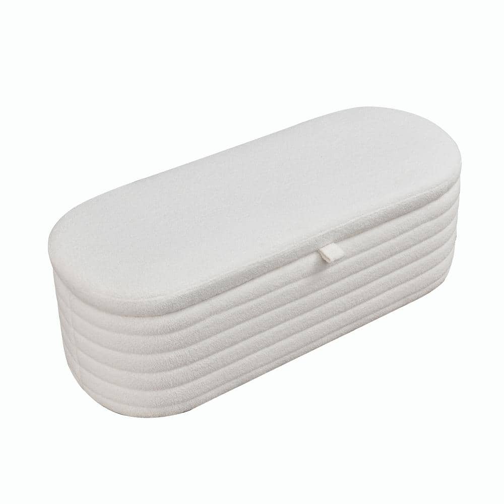 Ottoman White Teddy Upholstered Fabric Oval Storage Bench End of Bed Stool