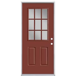 36 in. x 80 in. 9 Lite Red Bluff Left Hand Inswing Painted Smooth Fiberglass Prehung Front Door with No Brickmold