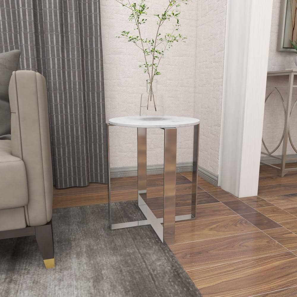 White Marble and Stainless Steel Round Accent Table