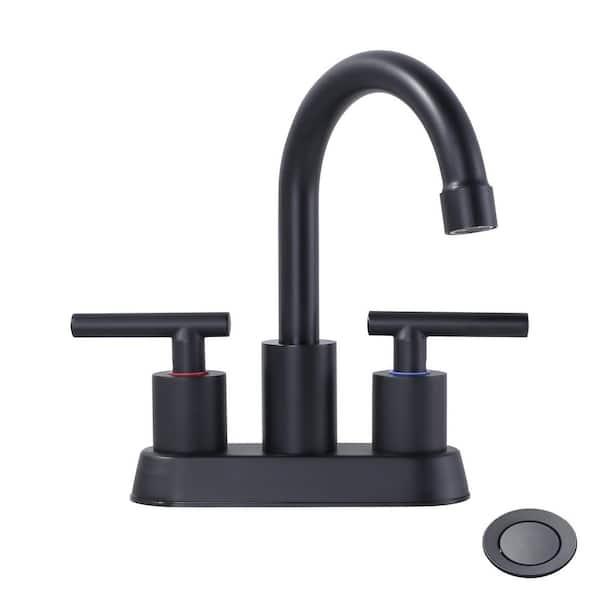 4 in. Centerset Double Handle High Arc Bathroom Faucet with Drain Kit Included in Matte Black