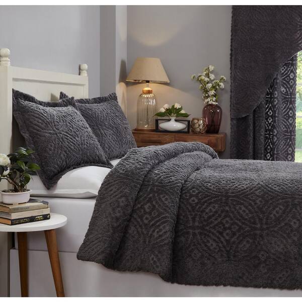 Better Trends Wedding Ring Comforter 3-Piece Gray King 100% Cotton Tufted Unique Luxurious Soft Plush Chenille Comforter Set