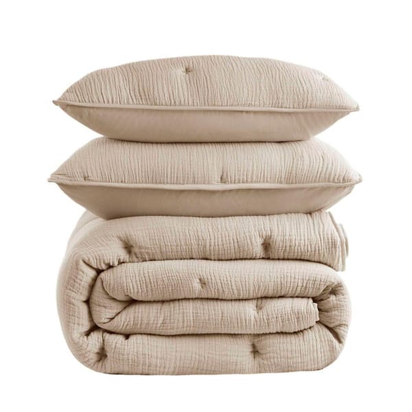 3-Piece Taupe 100% Premium Cotton Full/Queen Gauze Embroidered