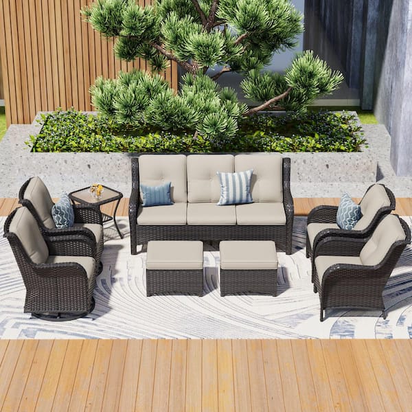 JOYSIDE 8-Piece Wicker Outdoor Patio Conversation Set with Beige Cushions and Swivel Rocking Chairs