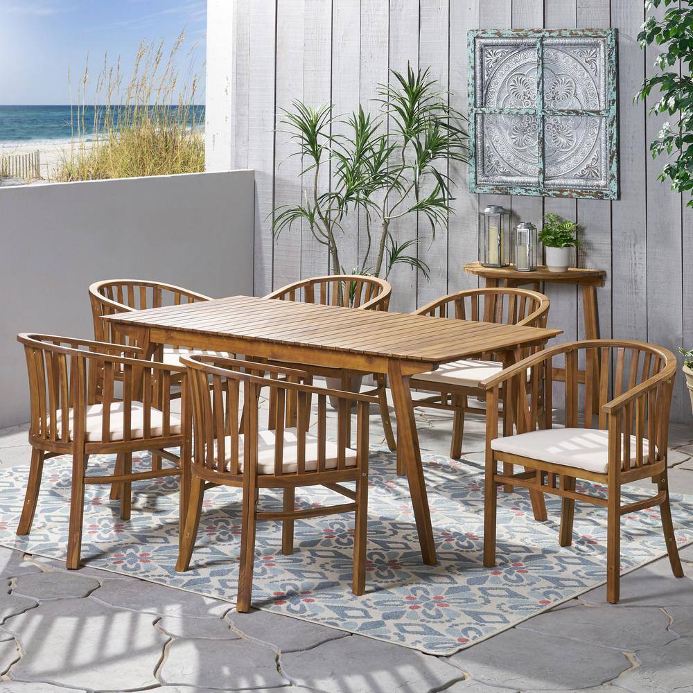 Acacia Wood Expandable Outdoor Dining Set with White Cushions