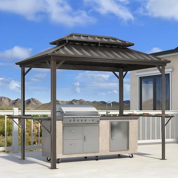 PURPLE LEAF 6 ft. x 9 ft. Hardtop Grill Gazebo for Patio Aluminum Barbecue Shelter Gazebo with Hooks and Shelves Double Tiered Brown