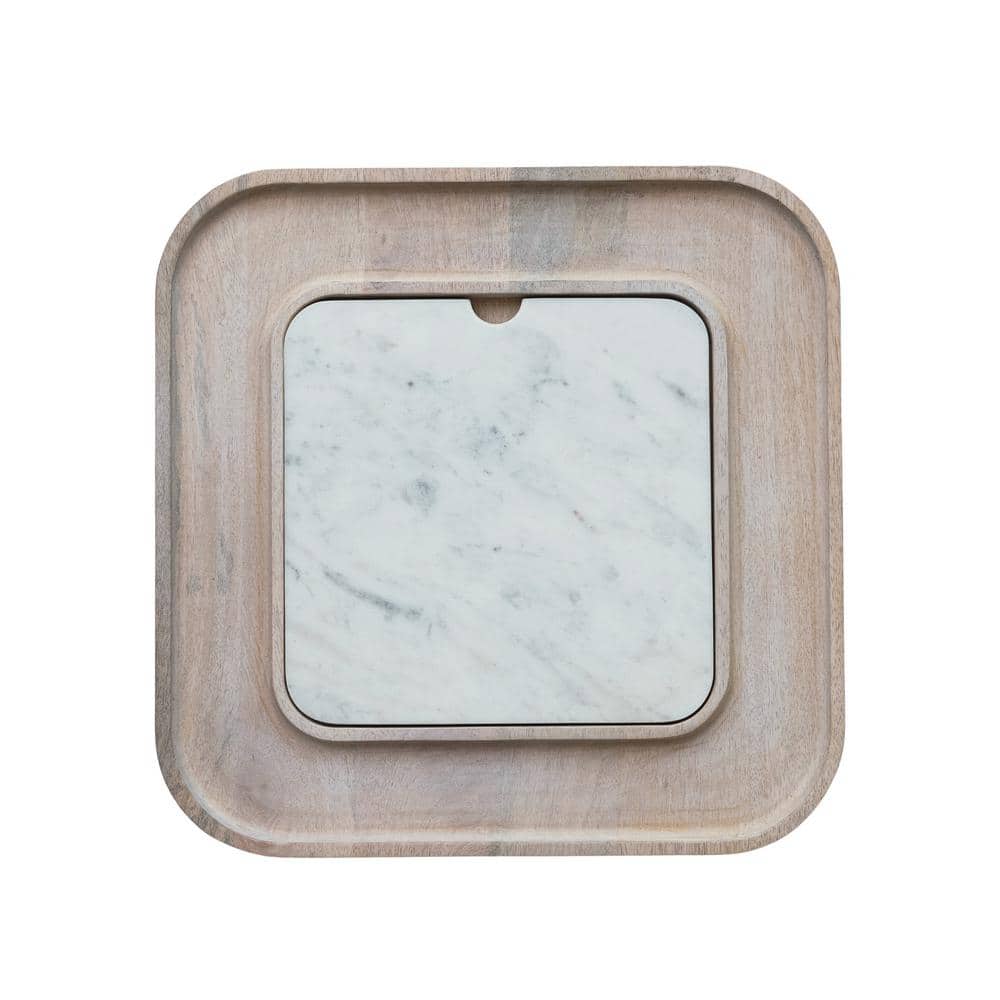 13.5" White Marble and Mango Wood Square Cutting Board Set