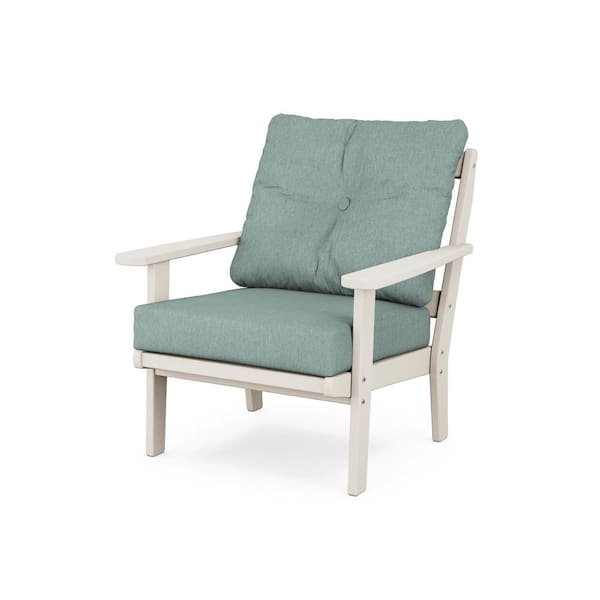 POLYWOOD Mission Plastic Outdoor Deep Seating Chair in Sand with Glacier Spa Cushion