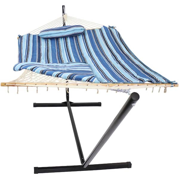 Sunnydaze 12 ft. Stainless Steel Hammock Stand and Pad and Pillow Set Misty Beach