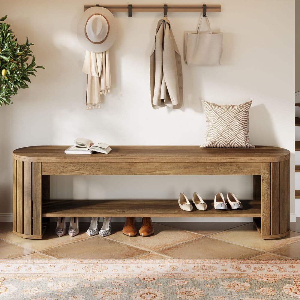 Brown Entryway Bench, 63 in. Farmhouse Dining Bench with Arc Vertical Slat Splicing Legs, End of Bed Stool for Bedroom