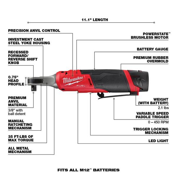 Milwaukee 2567-22-49-66-7024 M12 FUEL 12V Cordless High Speed 3/8 in. Ratchet Kit w/Impact Duty 3/8 in. SAE Deep Impact Rated Socket Set(8-Piece) - 3