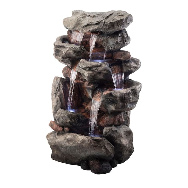 52 in. Tall Outdoor 5- Tiered Rock Rainforest Water Fountain with LED Lights