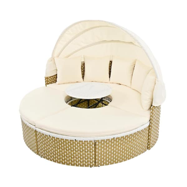 Nestfair Wicker Outdoor Round Sectional Daybed with Retractable Canopy and Beige Cushions