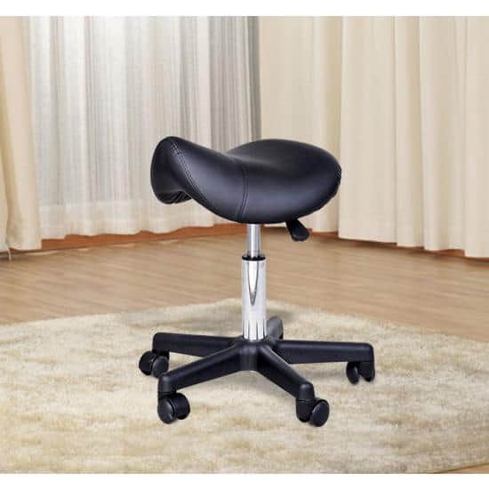 Rolling Black Saddle Stool, Swivel Salon Chair, Ergonomic Faux Leather Stool, Adjustable Height with Wheels