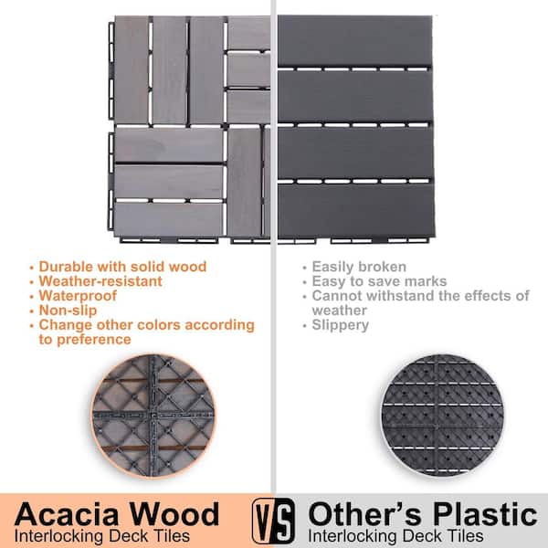 Amucolo 12 in. x 12 in. Checker Pattern Acacia Wood Interlocking Deck Tiles in Gray for Patio, Pool Side (Set of 30 Tiles)