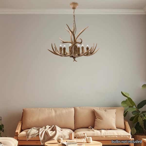 OUKANING 6-Light Vintage Brown Resin Antler Chandelier Deer