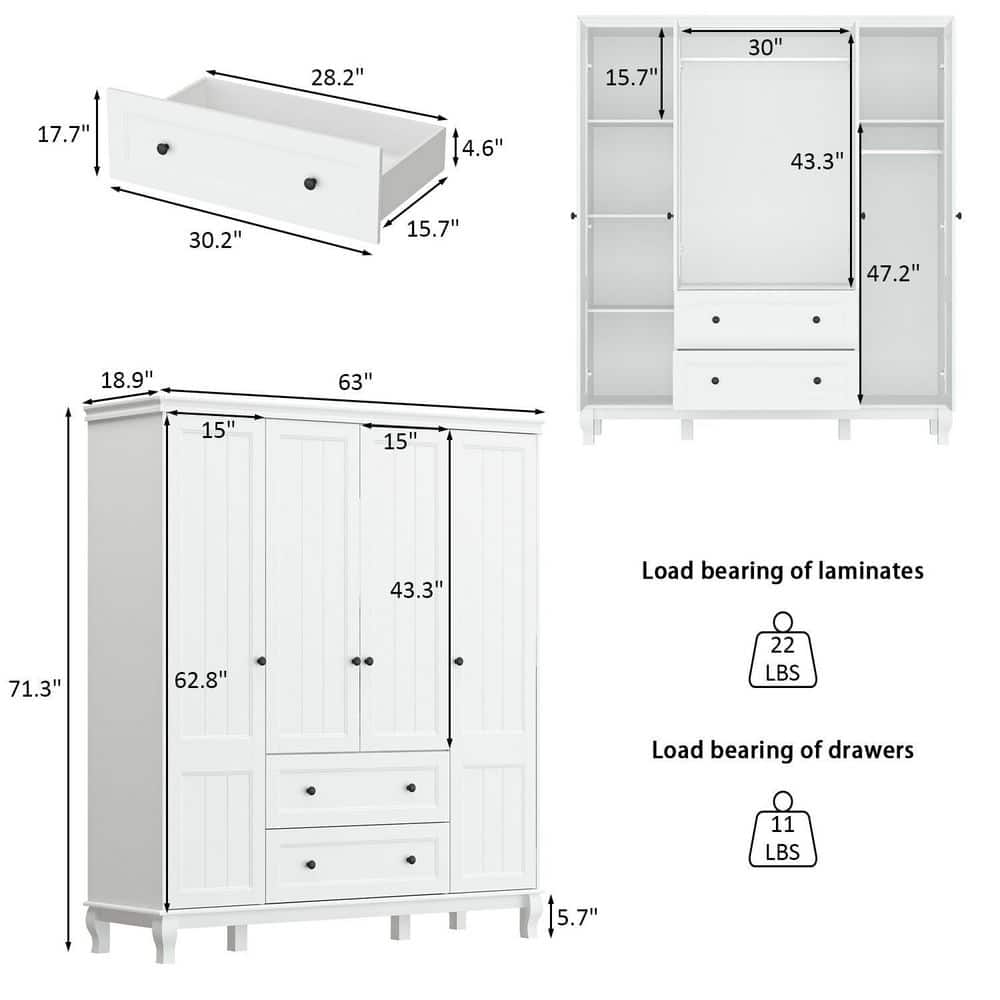 White Wood 63 in. W 4-Door Big Armoires Wardrobe with Hanging Rod, 2-Drawers, Storage Shelves(18.9 in. D x 71.3 in. H) - thumbnail 3