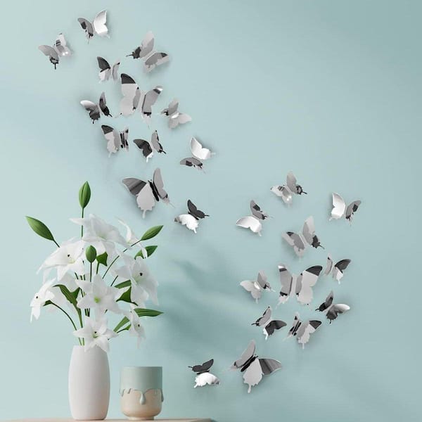 24-Piece 3.5 in. x 4.25 in. Silver 3D Removable Butterfly Wall