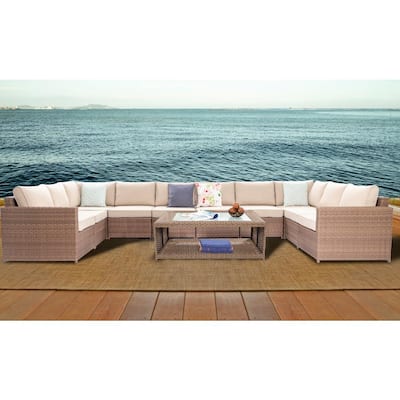 Brown 12-Piece Wicker Outdoor Sectional Set with CushionGuard Beige Cushions