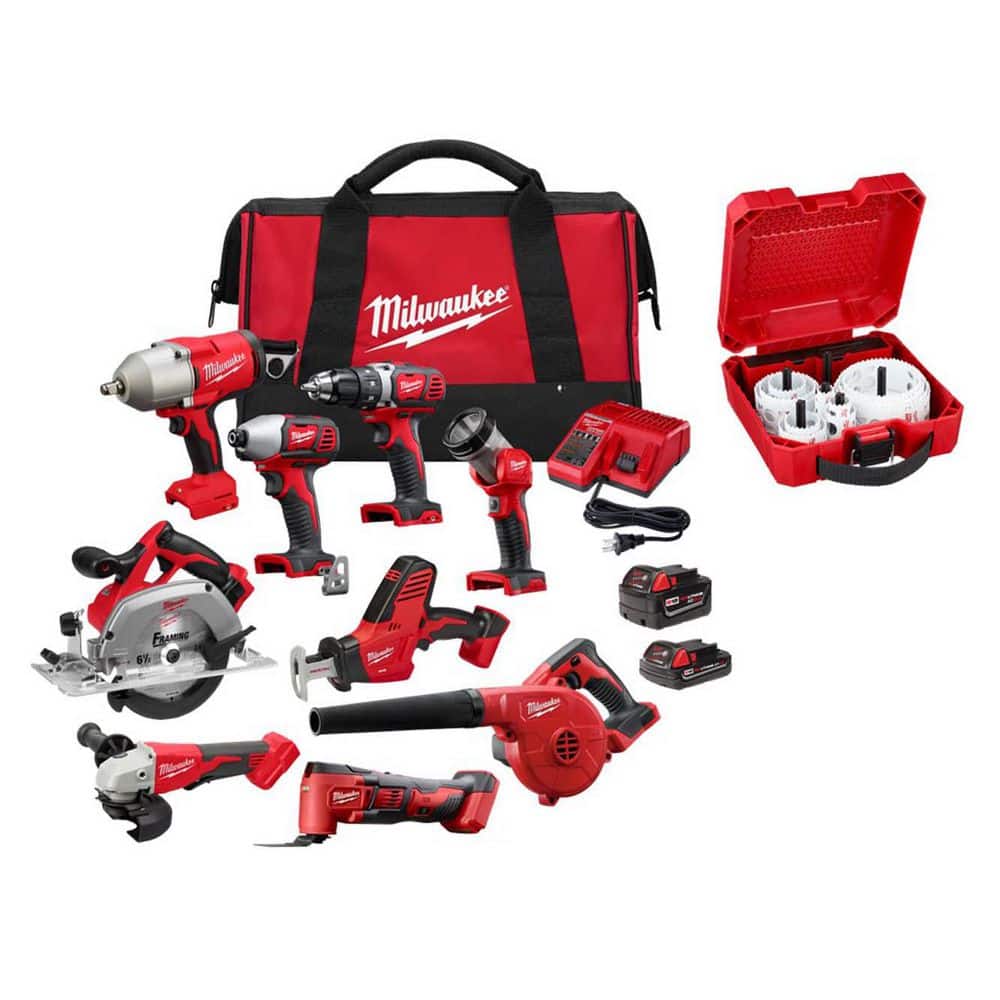 MILWAUKEE M18 18-Volt Lith-Ion Cordless Combo Kit 9-Tool w/ 2-Batteries, Charger, Tool Bag, & Hole Saw Set (2697-29-49)