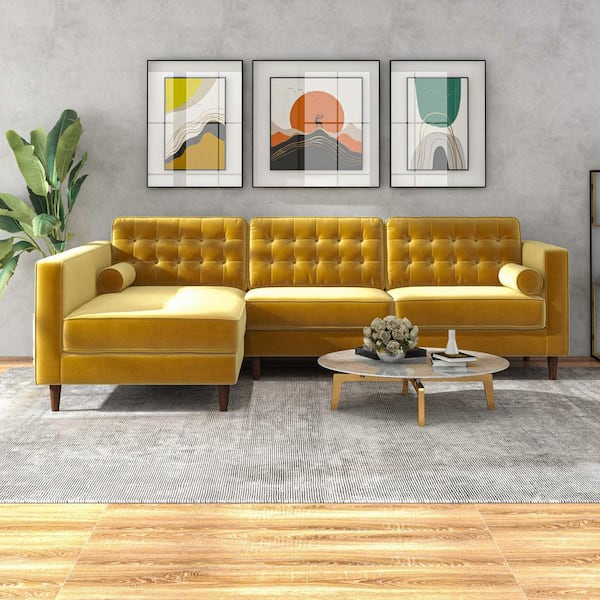 Ashcroft Furniture Co Ocean 102 in. W Square Arm 2-piece L-Shaped Velvet Left Facing Corner Sectional Sofa in Dark Yellow (Seats 4)