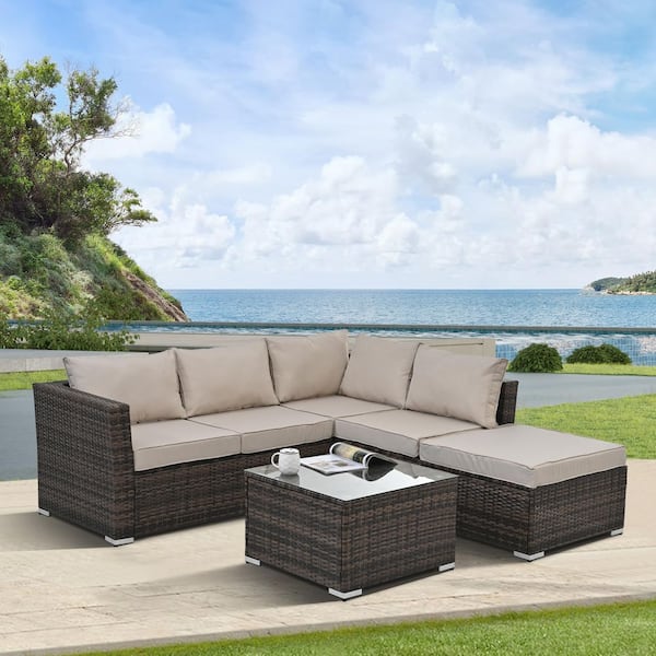 Unbranded 4-Piece Wicker Outdoor Sectional Sofa Set with Khaki Cushions and Tempered Glass Coffee Table for Patio, Backyard