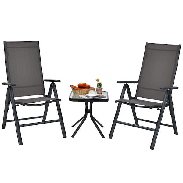 HONEY JOY 3-Piece Plastic Square 18.5 in. Patio Bistro Set Outdoor Dining Set w/2 Folding Chairs & Tempered Glass Table