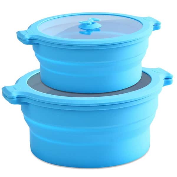 2-Piece 0.8L 1.4L Clear Collapsible Silicone Microwaveable Steamer Cooker with Lids Sealed Food Storage Bowls in Blue
