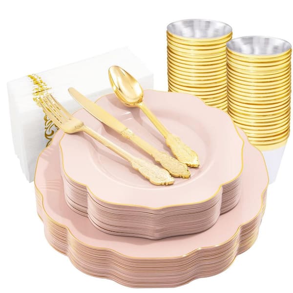 175-Piece Pink Flower-Shaped Disposable Plates and Gold Edged Silverware Set with Cups and Napkins for Parties