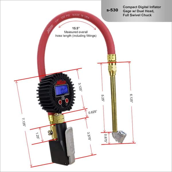 Milton S-530 Compact Digital Tire Inflator with Pressure Gauge, 255 PSI, Dual Head Air Chuck, 15