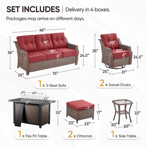 Modern Farmhouse 7-Piece Brown Wicker Patio Fire Pit Conversation Set with Red Cushions and Rectangle Metal Fire Pit