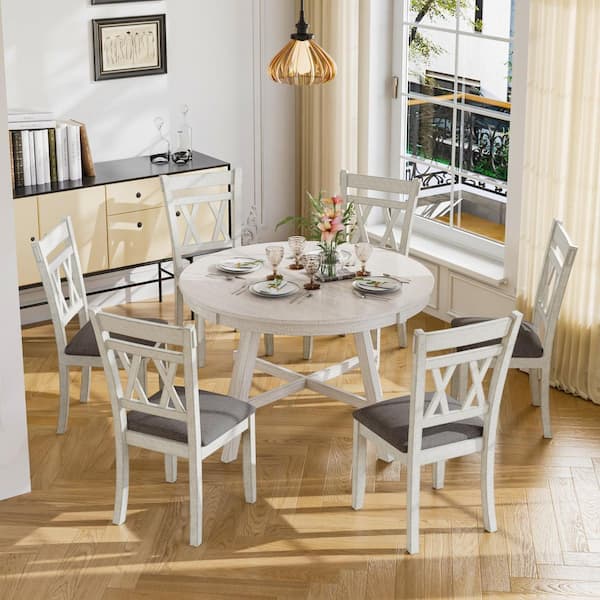 VECELO Farmhouse Round Dining Table Set with X-Back Chairs, Upholstered Seats, 7-Piece Wood Gray Dining Set