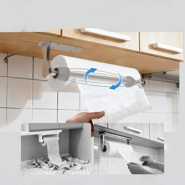 11.65 in. Wall Mount Paper Towel Holder Under Cabinet with Ratchet Mechanism for Kitchen Bathroom Farmhouse, Silver