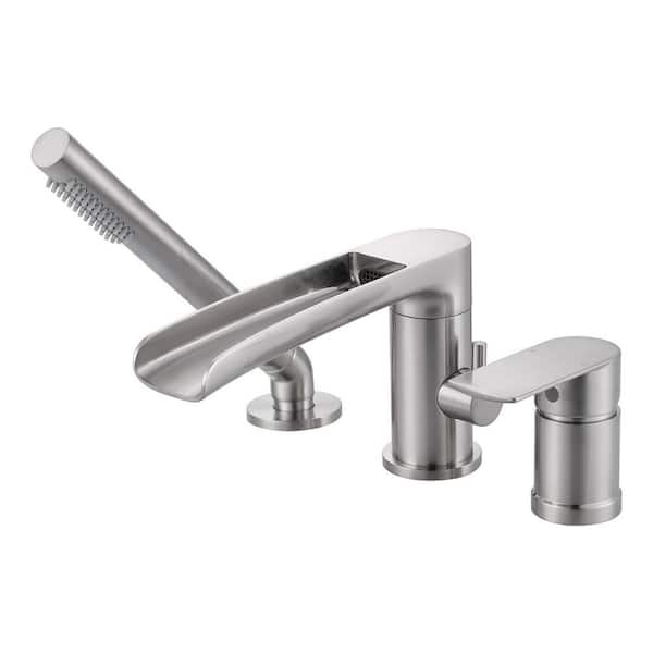 3-Holes Widespread Single-Handle Deck-Mount Brass Waterfall Roman Tub Faucet with Hand Shower in Brushed Nickel
