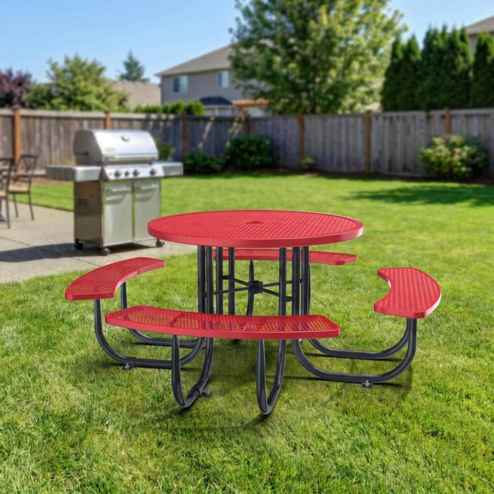 Red 46-inch Round Steel Picnic Table & Chair Set with Umbrella Hole Seats 4-8 People Perfect for Parks, School price history on PriceWatchPro