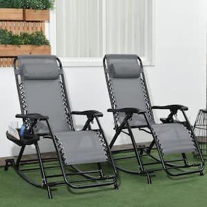 Gray Metal 2 Pieces Outdoor Rocking Chairs with Pillow, Cup and Phone Holder, Combo Design with Folding Legs