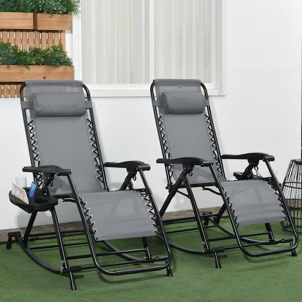Unbranded Gray Metal 2 Pieces Outdoor Rocking Chairs with Pillow, Cup and Phone Holder, Combo Design with Folding Legs