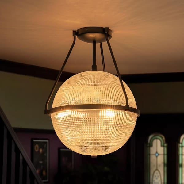 Lena 13.7 in. 3-Light Black Modern Industrial Semi-Flush Mount with Clear Grid Glass Globe Shade