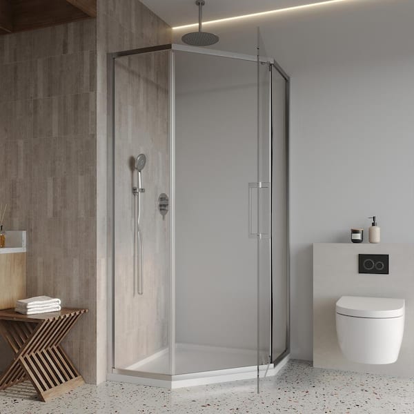 34.12 in. W x 72 in. H Neo-Angle Pivot Semi Frameless Corner Shower Enclosure in Brushed Nickel Finish with Clear Glass