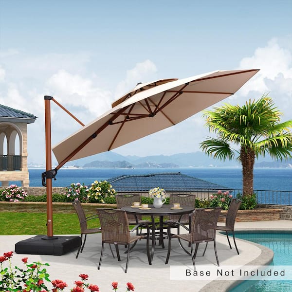 PURPLE LEAF 12 ft. Octagon All-aluminum 360-Degree Rotation Wood pattern Cantilever Offset Outdoor Patio Umbrella in Beige