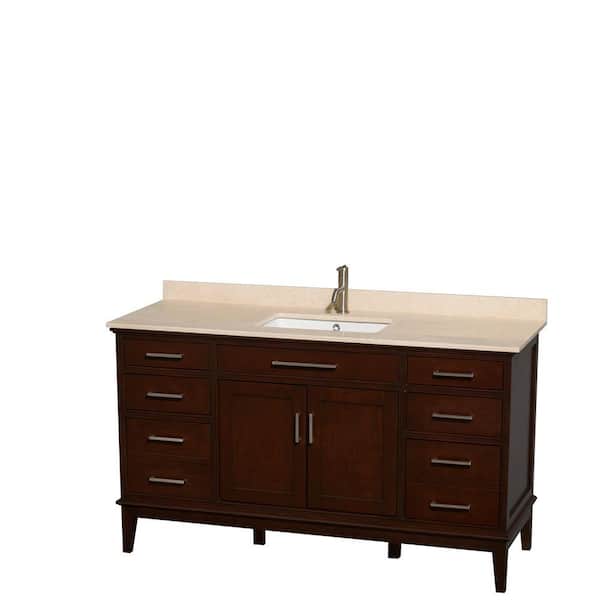 Wyndham Collection Hatton 60 in. Vanity in Dark Chestnut with Marble Vanity Top in Ivory and Square Sink