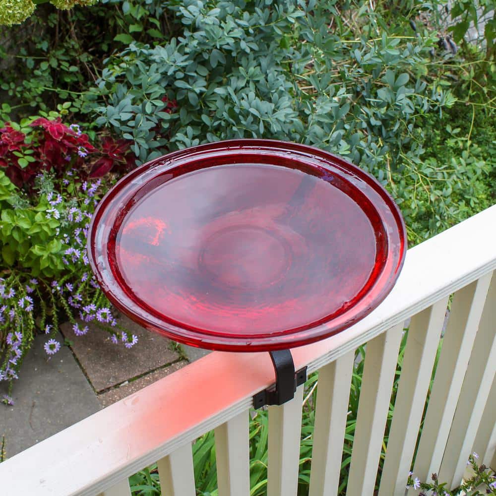 Red Crackle Glass Birdbath with Over Rail Bracket