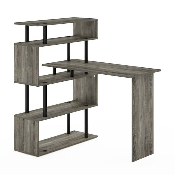 Furinno Moore 39.6 in. L-Shape French Oak / Black Computer Desk with 5-Tier Shelves