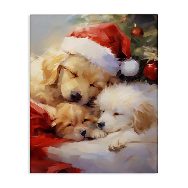 Stupell Industries Christmas Puppies by Tree by Enrico McGarrigle 1-Piece Unframed Graphic Print Animal Poster Art Print 20 in. x 16 in.