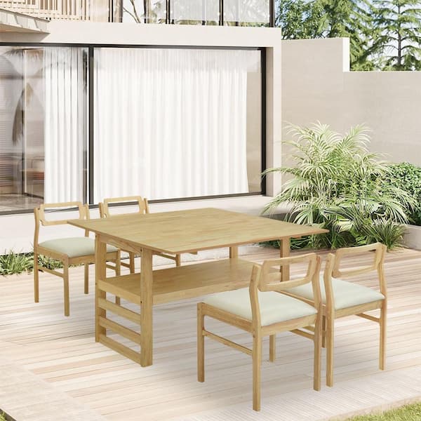5-Piece Natural Wood Patio Outdoor Dining Table Set with Beige Cushions and Two 11.8 in. Drop Leaves