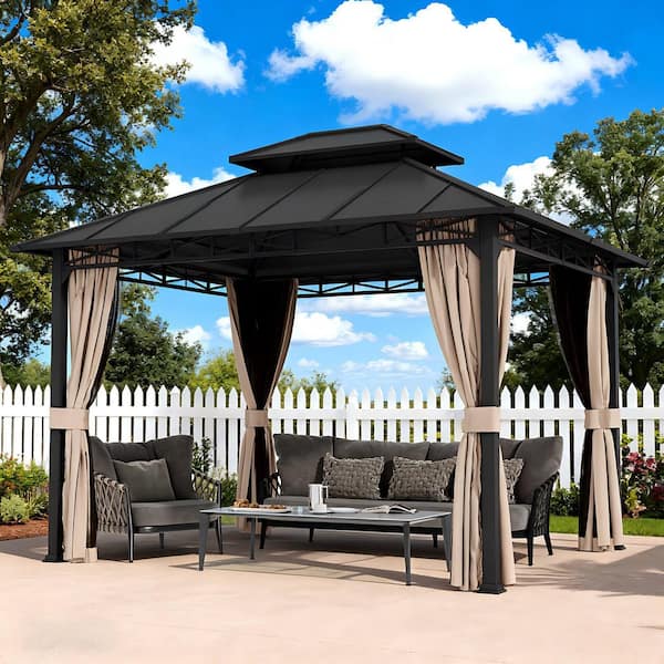 10 ft. x 12 ft. Hardtop Gazebo, Galvanized Steel Double Roof Gazebo with Nettings and Curtains, Gray