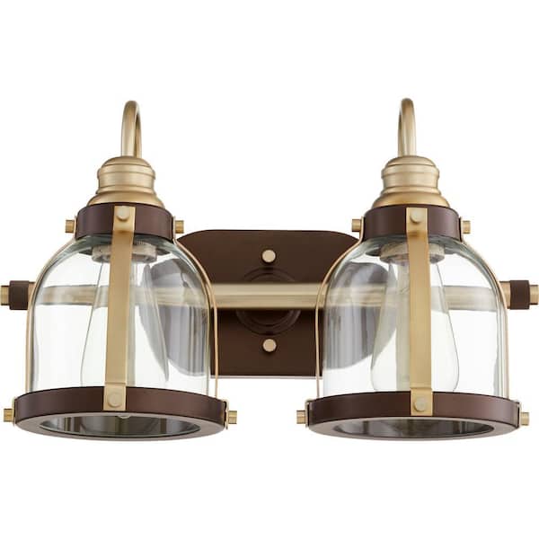 Denny Mid-Century Modern, 16" Width in. 2 Lights Aged Brass Finish Vanity Light with Clear Fluted Glass Shades