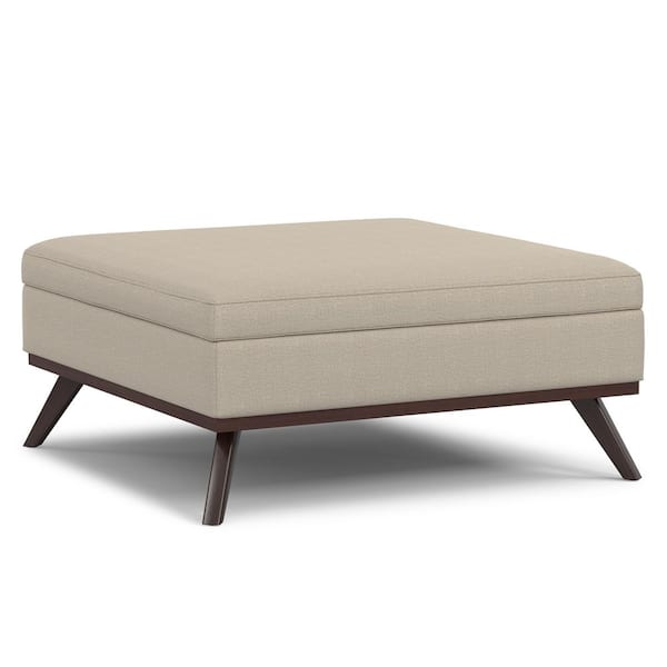 Owen 40 in. Wide Mid Century Modern Square XL Coffee Table Storage Ottoman in Natural Polyester Fabric, Assembled